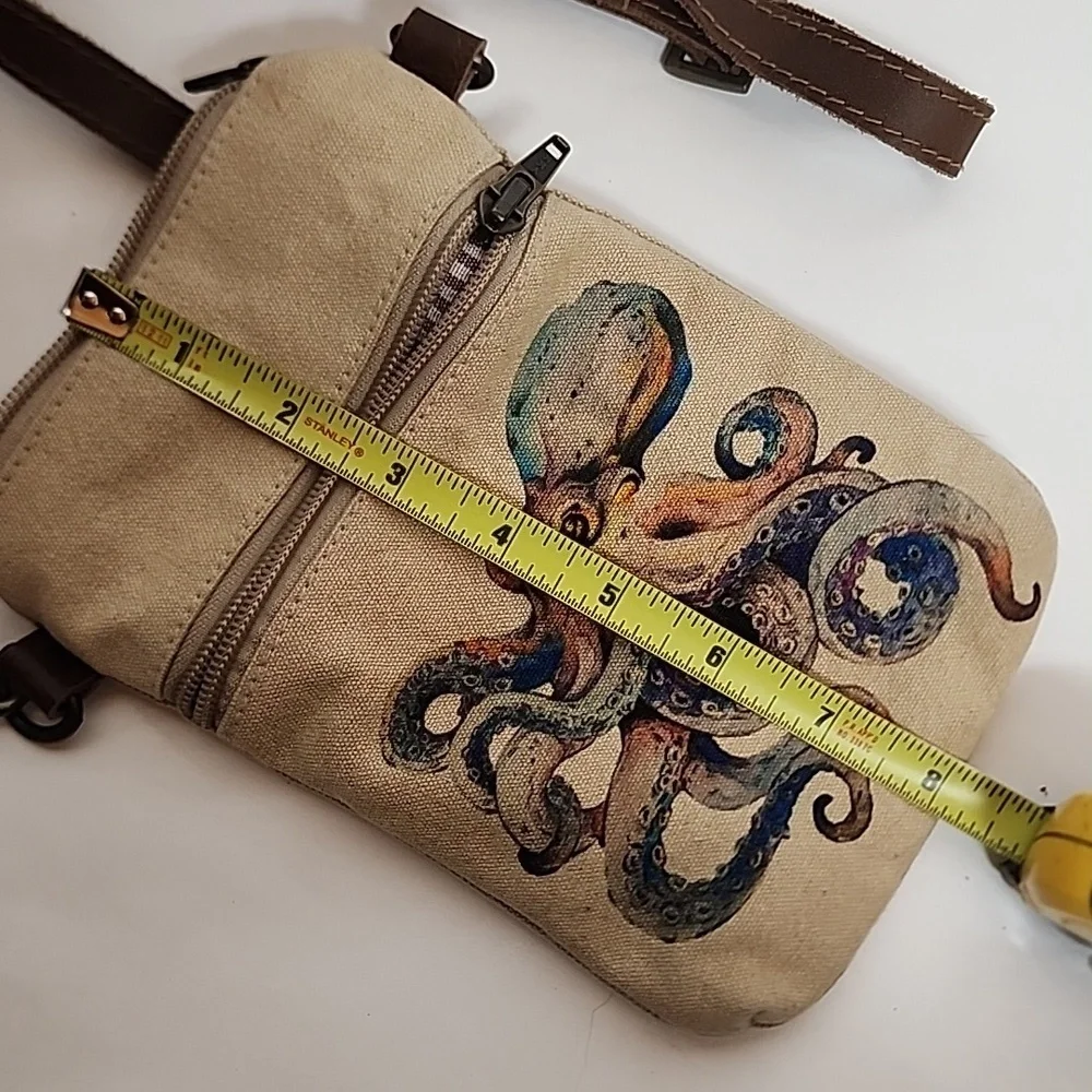 Cott n Curls Tan Canvas Octopus Print Leather Strap Crossbody Cell Phone Bag